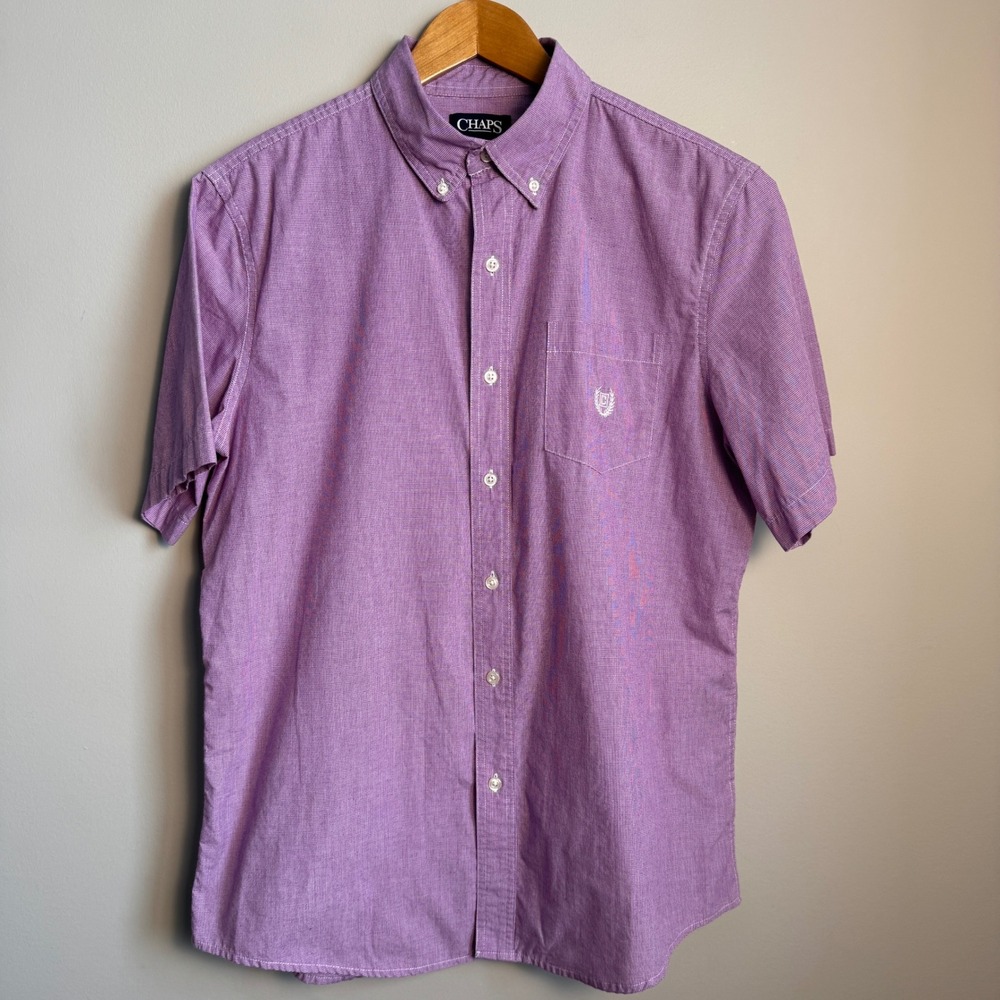 Chaps Mens Medium Short Sleeve Button Down Shirt Purple Gingham Easy Care Preppy
